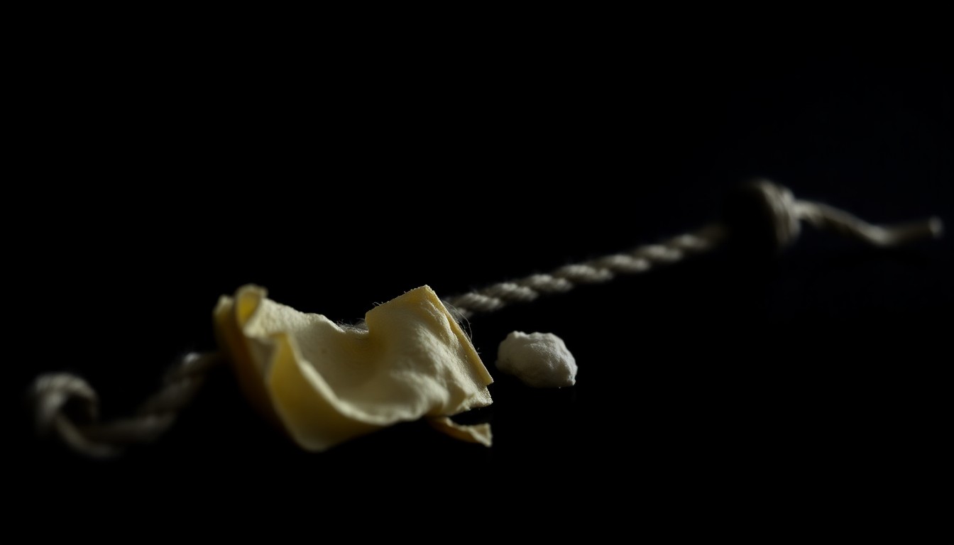 An extreme close-up photograph of a small, unidentified object related to the Gilgo Beach serial killings, dramatically lit by a harsh camera flash against a black background to create a stark, unsettling mood.