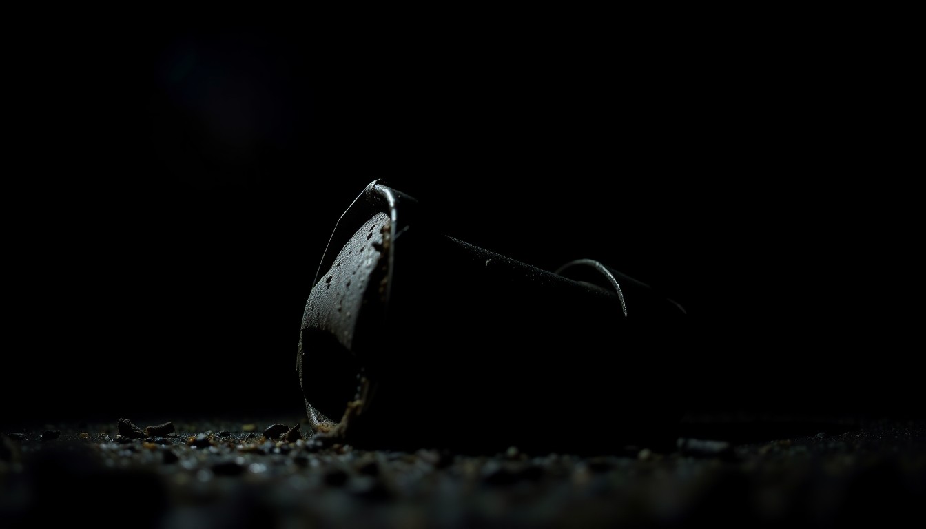 An extreme close-up photograph of a twisted, damaged metal object from the Camp Mystic flood site, lit by a harsh, direct camera flash against a pitch-black background, conveying a stark, gritty, investigative mood without words.