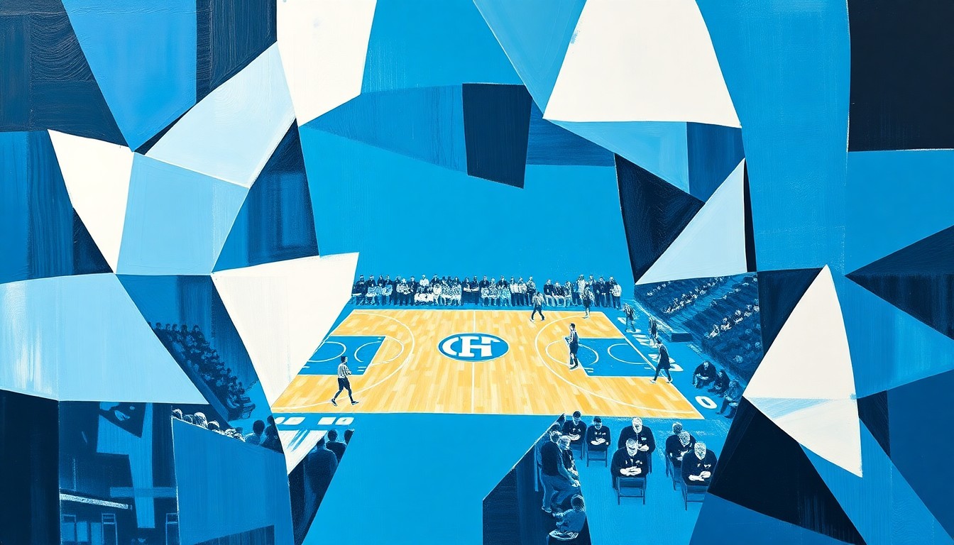 A cubist, geometric painting depicting a fragmented college basketball game, with sharp planes of Carolina blue, white, and black overlapping to create a dynamic, abstract composition.