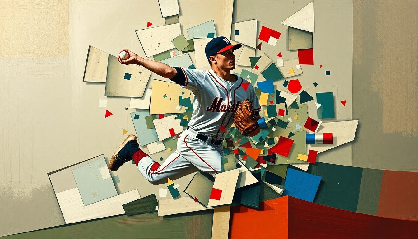 A fragmented, geometric painting in muted earth tones with pops of bright color, capturing the motion of a baseball pitcher and the chaotic energy of a late-inning bullpen implosion.
