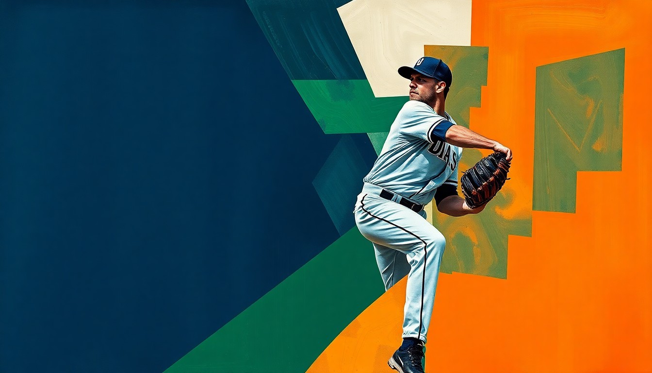 A cubist-style painting featuring sharp, overlapping geometric shapes in navy, green, and orange, representing the fractured motion of a baseball pitcher, conveying the unpredictable nature of the sport.