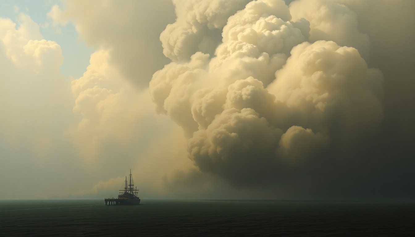 A sweeping, atmospheric landscape painting in muted tones of grey, blue, and orange, depicting a massive column of dark smoke rising from a distant pier, obscuring the horizon and dwarfing the surrounding structures in scale.
