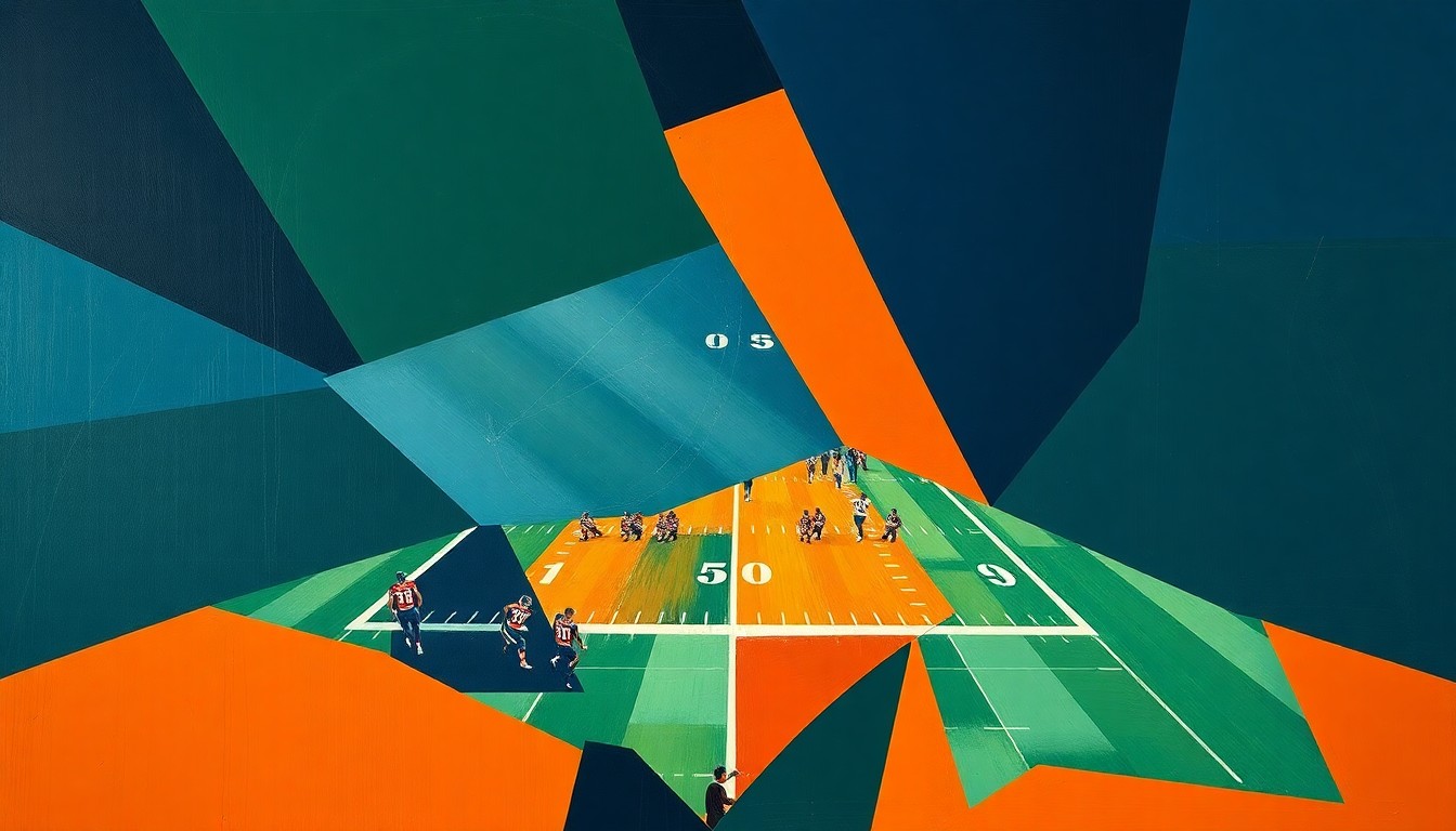 A cubist-style painting featuring overlapping geometric shapes in navy blue, forest green, and burnt orange, conceptually representing the complex dynamics between an NFL coach and a media member.