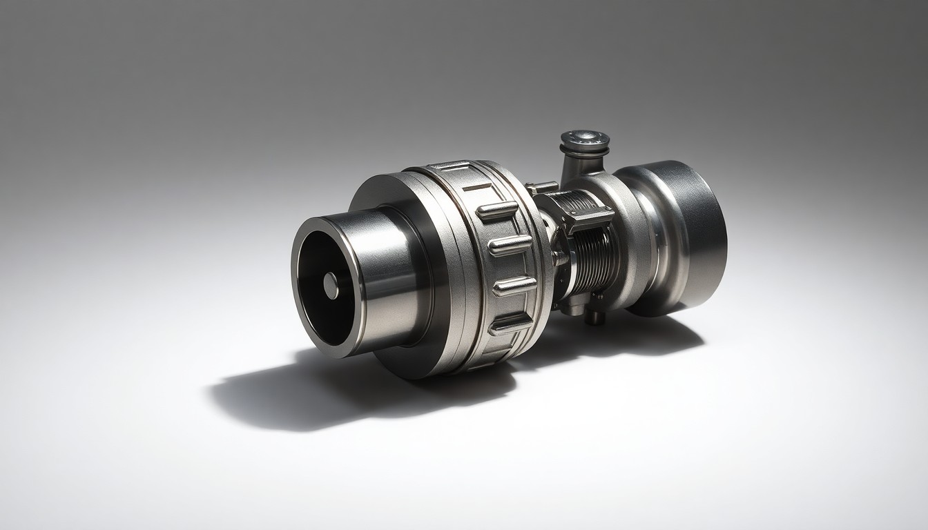 A highly detailed, photorealistic studio photograph of a polished metal model of a natural gas power plant turbine engine, resting on a clean white background and dramatically lit to highlight its sleek, industrial design.