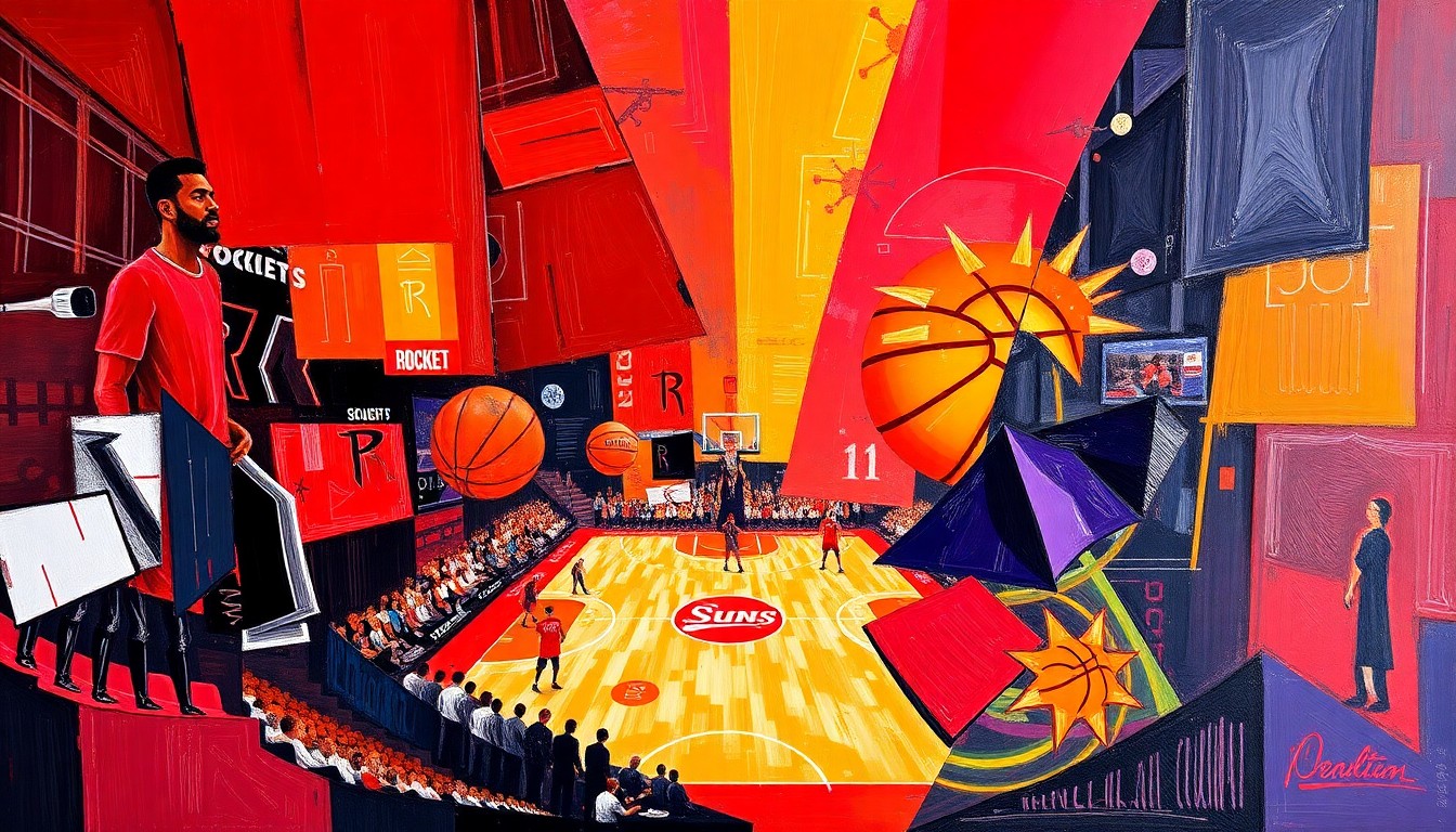 A cubist, geometric painting depicting a basketball game between the Houston Rockets and Phoenix Suns, with the players and court broken down into overlapping planes of vibrant red, purple, and orange colors.