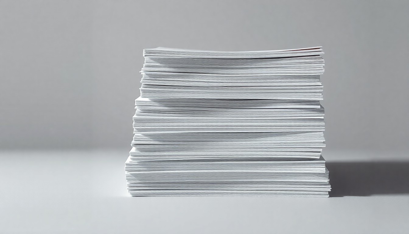 A photorealistic studio still-life featuring a stack of pristine white and gray paper reams on a clean, monochromatic background, conveying the abstract concepts of industry growth and financial performance through dramatic lighting and shadows.