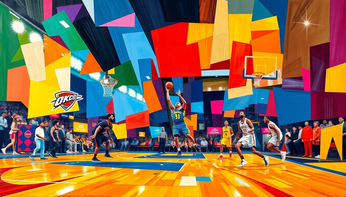 A fragmented, geometric painting in bold colors depicting the action and movement of a basketball game, with players and the court deconstructed into sharp, overlapping planes.