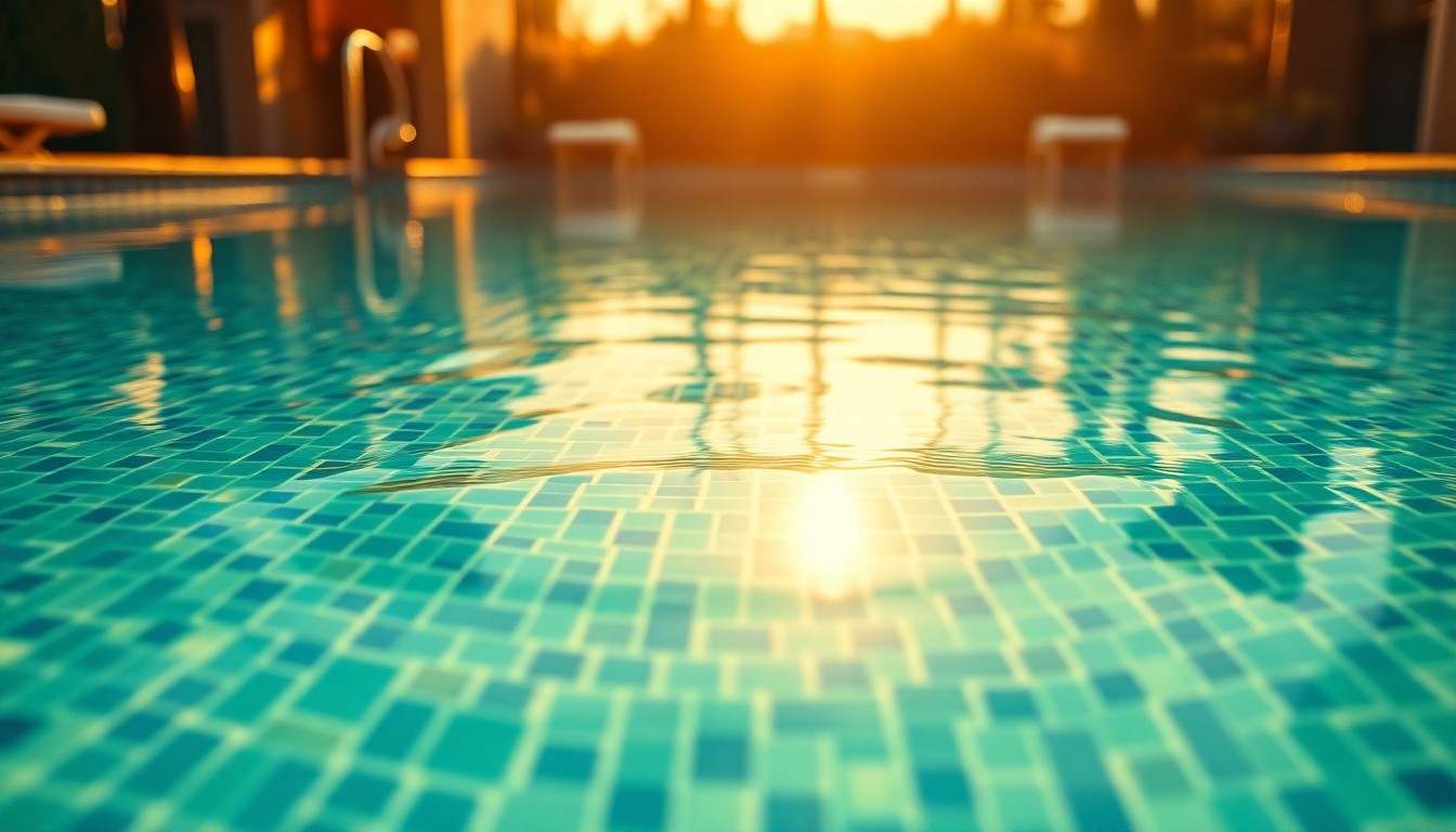 An extreme close-up photograph of a mosaic-tiled swimming pool surface, reflecting the warm California sunlight in a dramatic, high-contrast glamour aesthetic. The image captures the opulent, high-end feel of the property without depicting any specific people, places or branding.