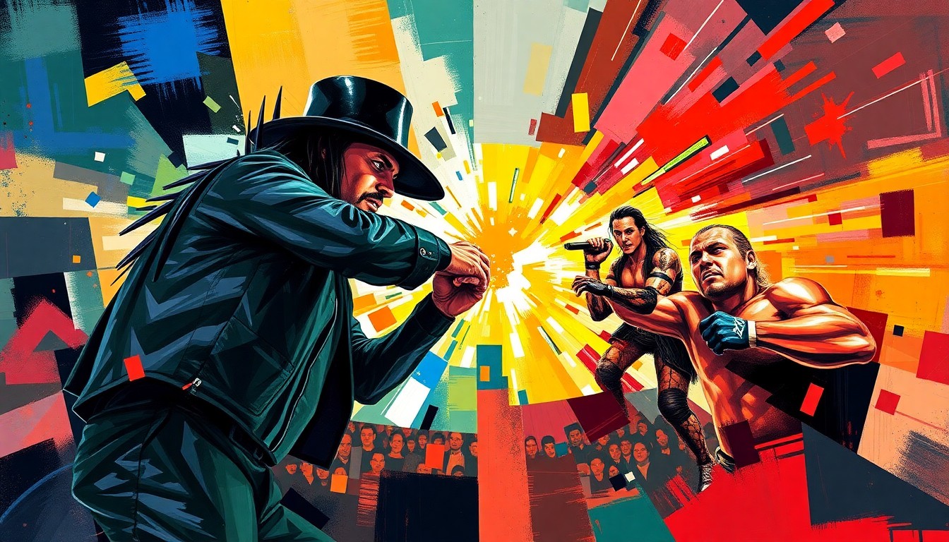 A fractured, cubist-style painting depicting the Undertaker's match against Justin 'Hawk' Bradshaw and Mankind's subsequent attack, with sharp geometric shapes and planes in vibrant colors representing the chaotic action in the ring.