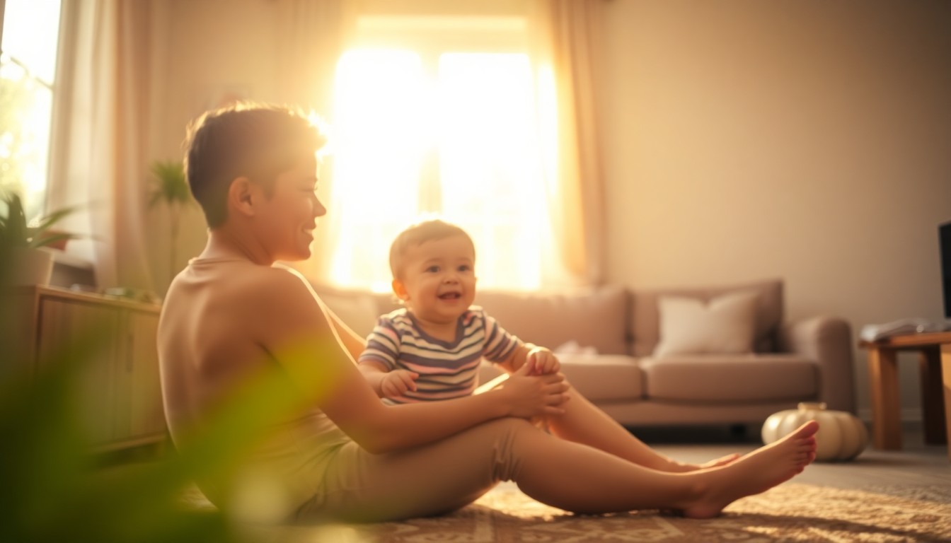 A blurred, intimate photograph of a parent and child playing together in a sunlit living room, conveying a sense of warmth, comfort, and connection.