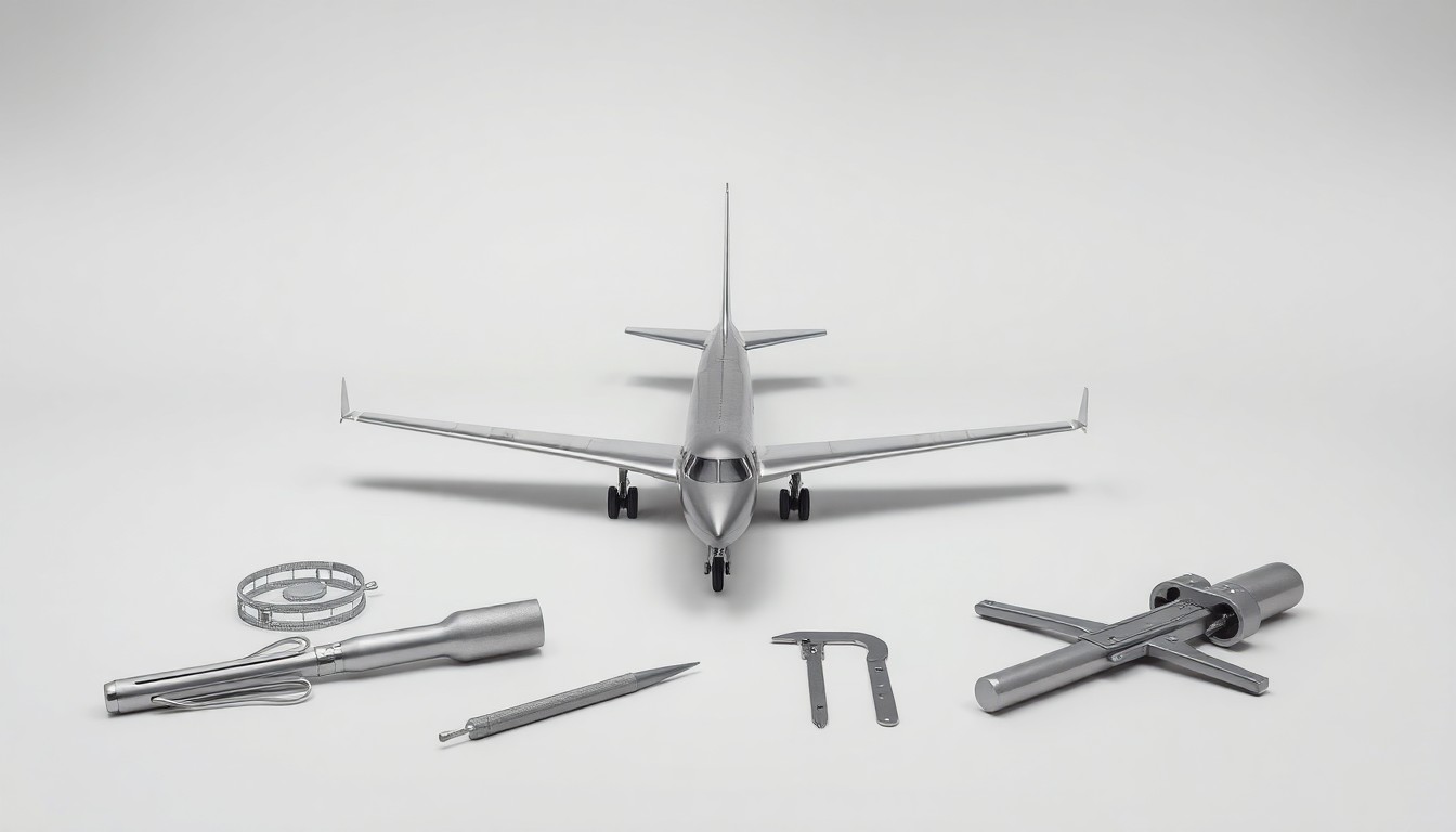 A high-end, photorealistic studio still-life photograph featuring a sleek, silver model airplane and a set of aviation-themed tools and instruments arranged elegantly on a clean, monochromatic seamless background, conceptually representing the regional transportation infrastructure.