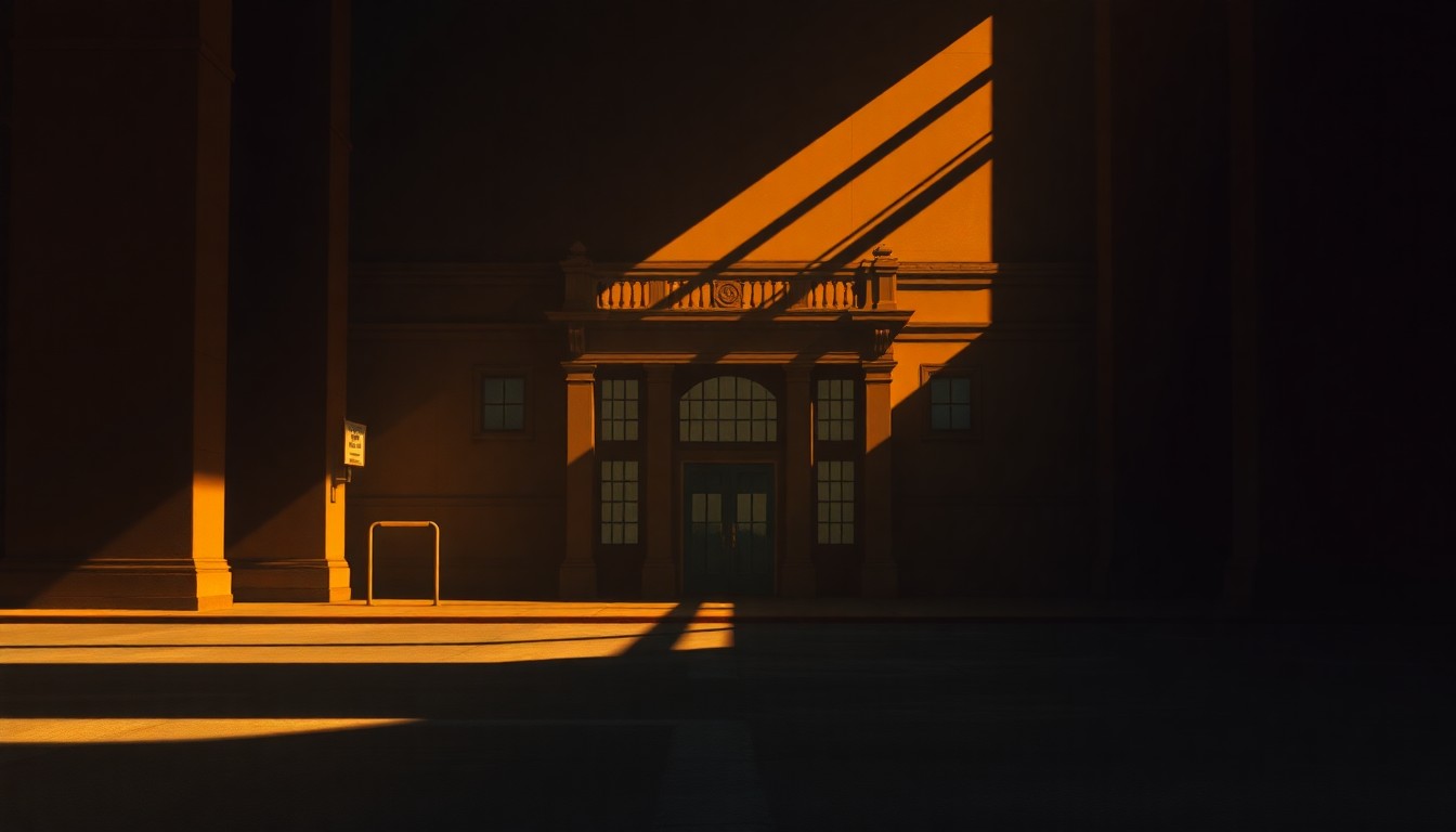 A serene, photorealistic painting of a municipal building with warm lighting and deep shadows, conveying a sense of civic contemplation.