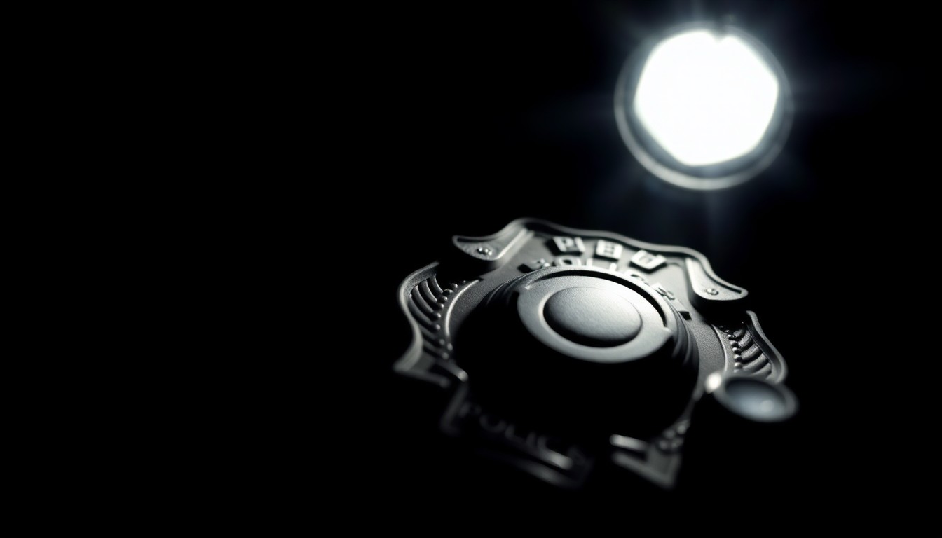 An extreme close-up photograph of a shiny metal police badge reflecting a harsh, direct camera flash, conceptually representing the serious, investigative nature of law enforcement work.