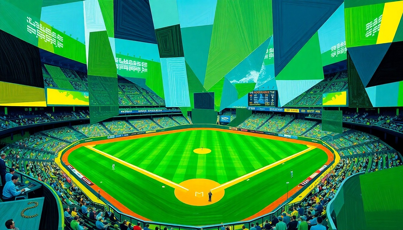 A vibrant, abstract painting featuring sharp, overlapping geometric shapes in shades of green, blue, and yellow, conceptually representing the dynamic action of a college baseball game.