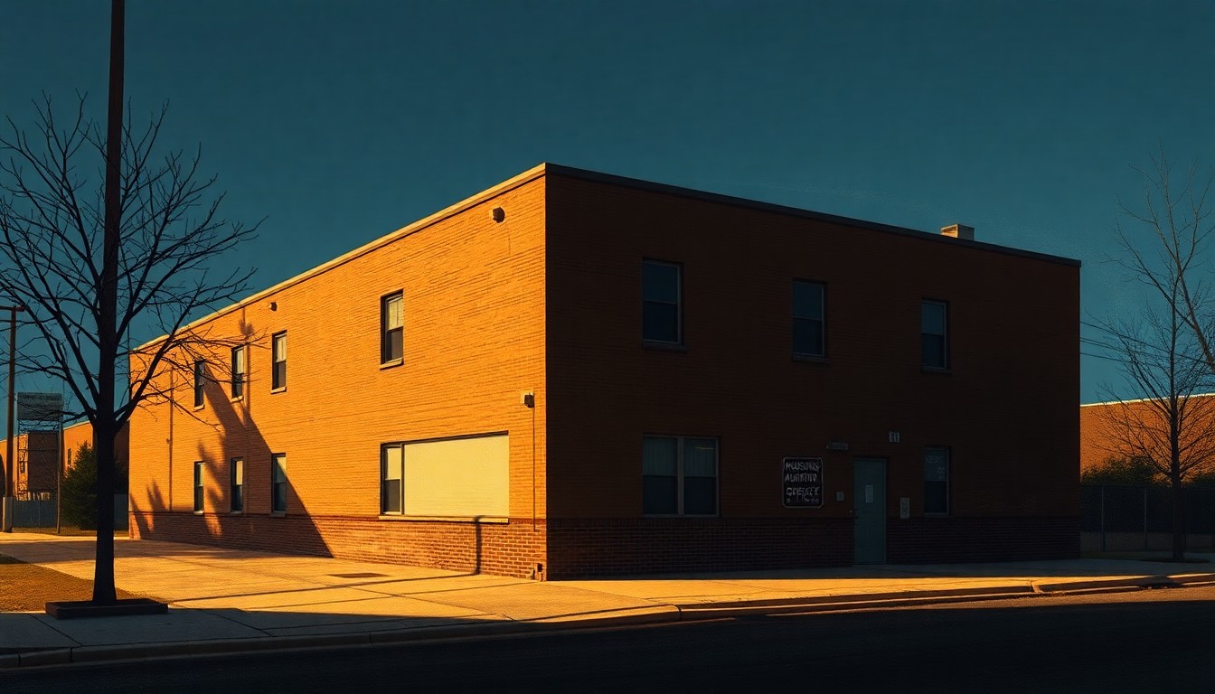 A serene, photorealistic painting of a Chicago Housing Authority office building in warm, golden light, conveying a sense of quiet contemplation about the political controversy surrounding the agency.