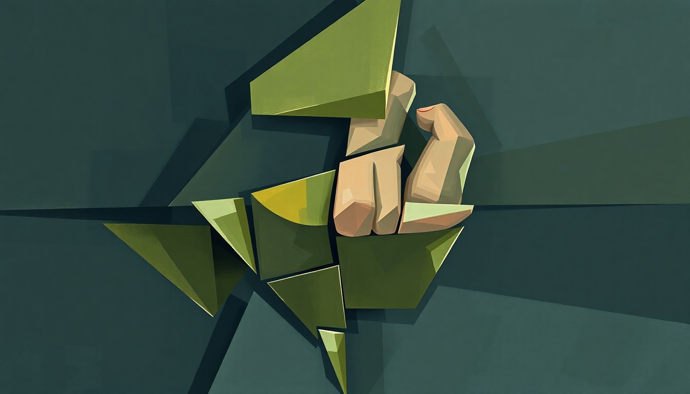 A fractured, cubist-style painting depicting a hockey player's injured hand or finger, broken down into sharp, overlapping geometric shapes in muted tones of navy, gray, and olive green, conveying the physical toll of the sport.