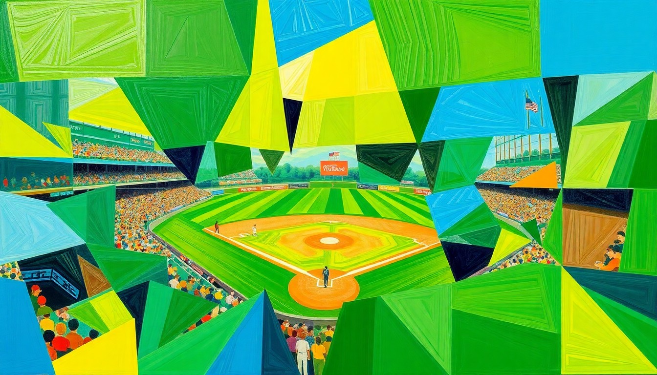 A fragmented, geometric painting in vibrant colors depicting a high school baseball game from multiple angles, conveying the cooperative nature of the partnership between the two schools.