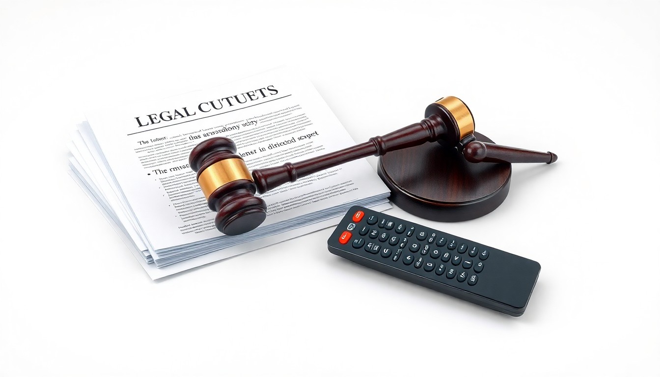 A photorealistic studio still-life featuring a stack of legal documents, a gavel, and a TV remote control on a clean, monochromatic background, conceptually representing the legal battle over the proposed Nexstar-Tegna merger and its implications for the future of local TV news.