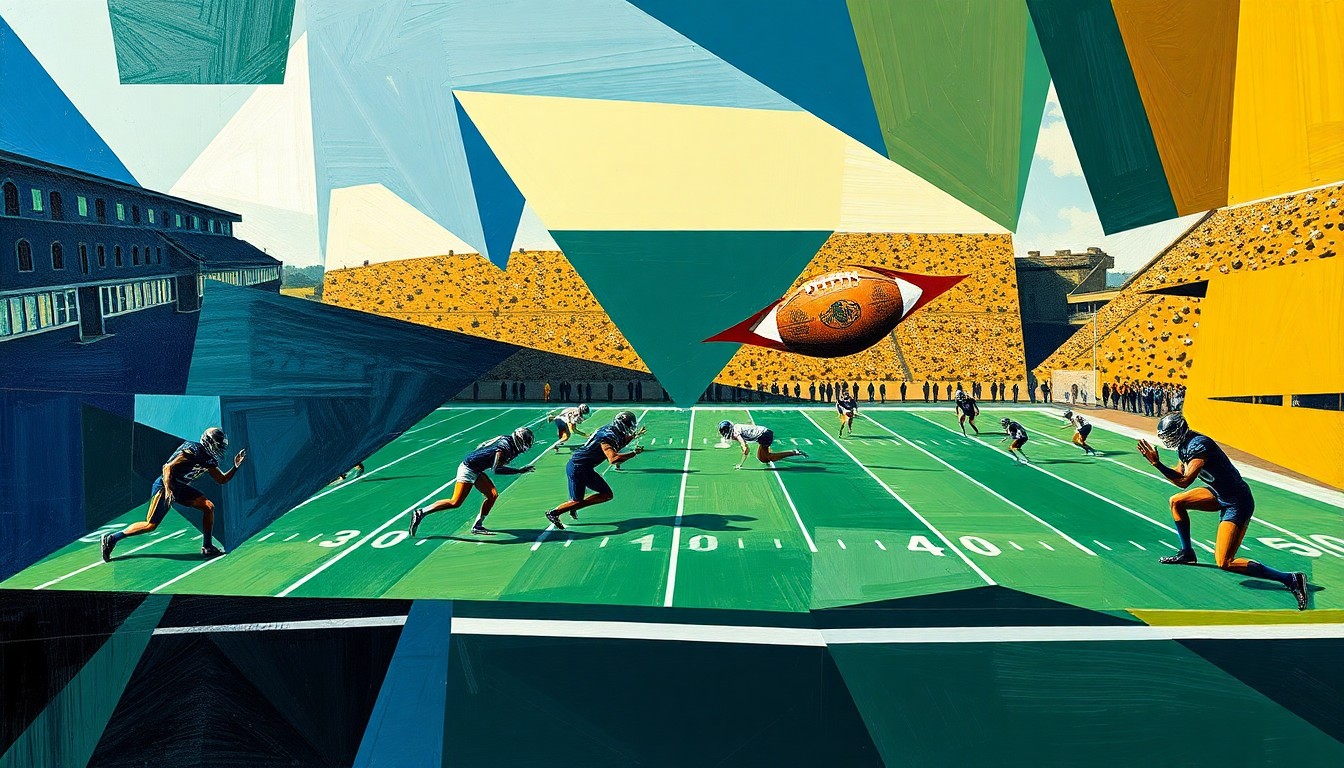 A fractured, geometric painting in vibrant colors depicting the abstract shapes and planes of a high school football game, representing the multi-faceted legacy of Iolani's long-serving coach Wendell Look.