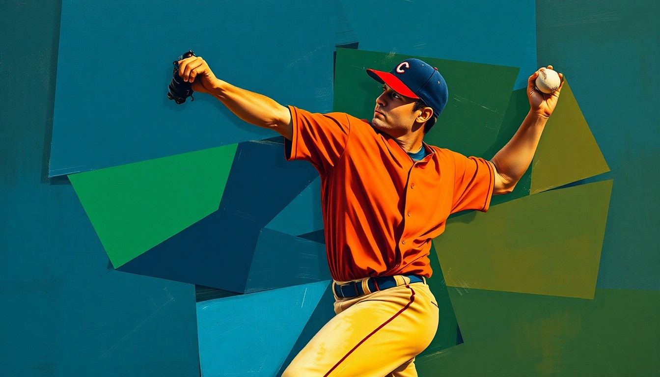 A cubist, geometric illustration depicting a baseball pitcher's throwing motion broken down into overlapping planes of navy, green, and orange, conveying the disruption caused by Horton's season-ending injury.