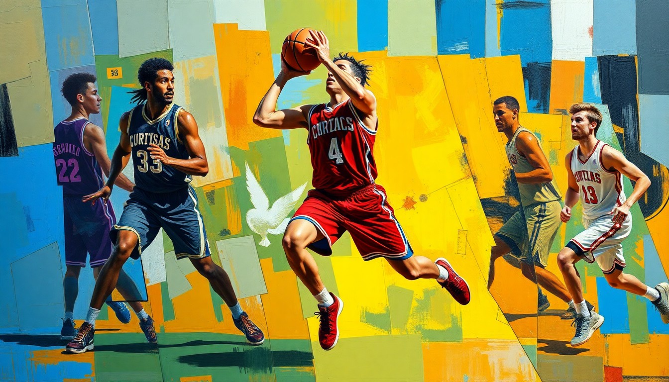 A fragmented, geometric painting depicting the defensive movements and intensity of a college basketball player, with sharp planes of vibrant team colors.
