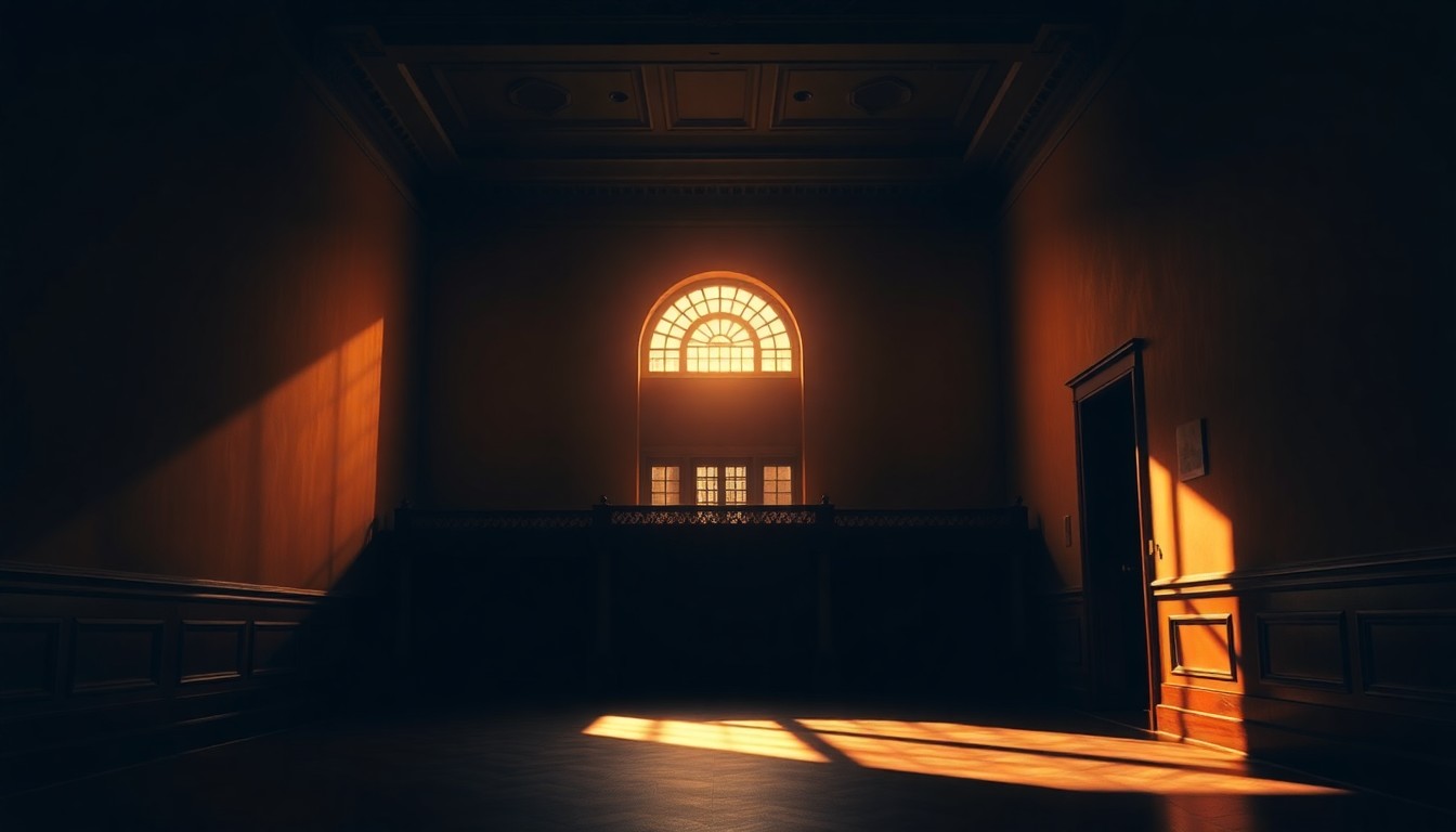A moody, cinematic painting of a dimly lit government building or office space, with warm diagonal sunlight and deep shadows, conveying a sense of political tension and uncertainty.