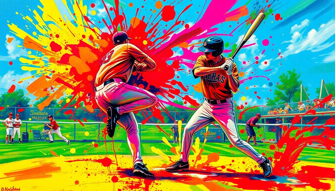 An abstract, expressionist painting in vibrant neon colors, with bold brushstrokes and fragmented shapes representing the energy and motion of a high school baseball game.