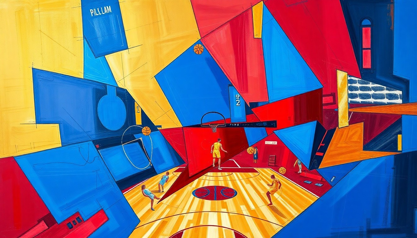 A fragmented, geometric painting depicting a basketball game or match, with the players and court broken down into sharp, overlapping planes of royal blue, crimson red, and metallic gold, conveying the conceptual tension and conflict between the two NBA teams.