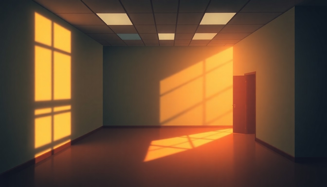 A serene, cinematic painting depicting an empty government office space bathed in warm, diagonal sunlight and deep shadows, conveying a contemplative mood about the Mahoning County BOE's relocation decision.