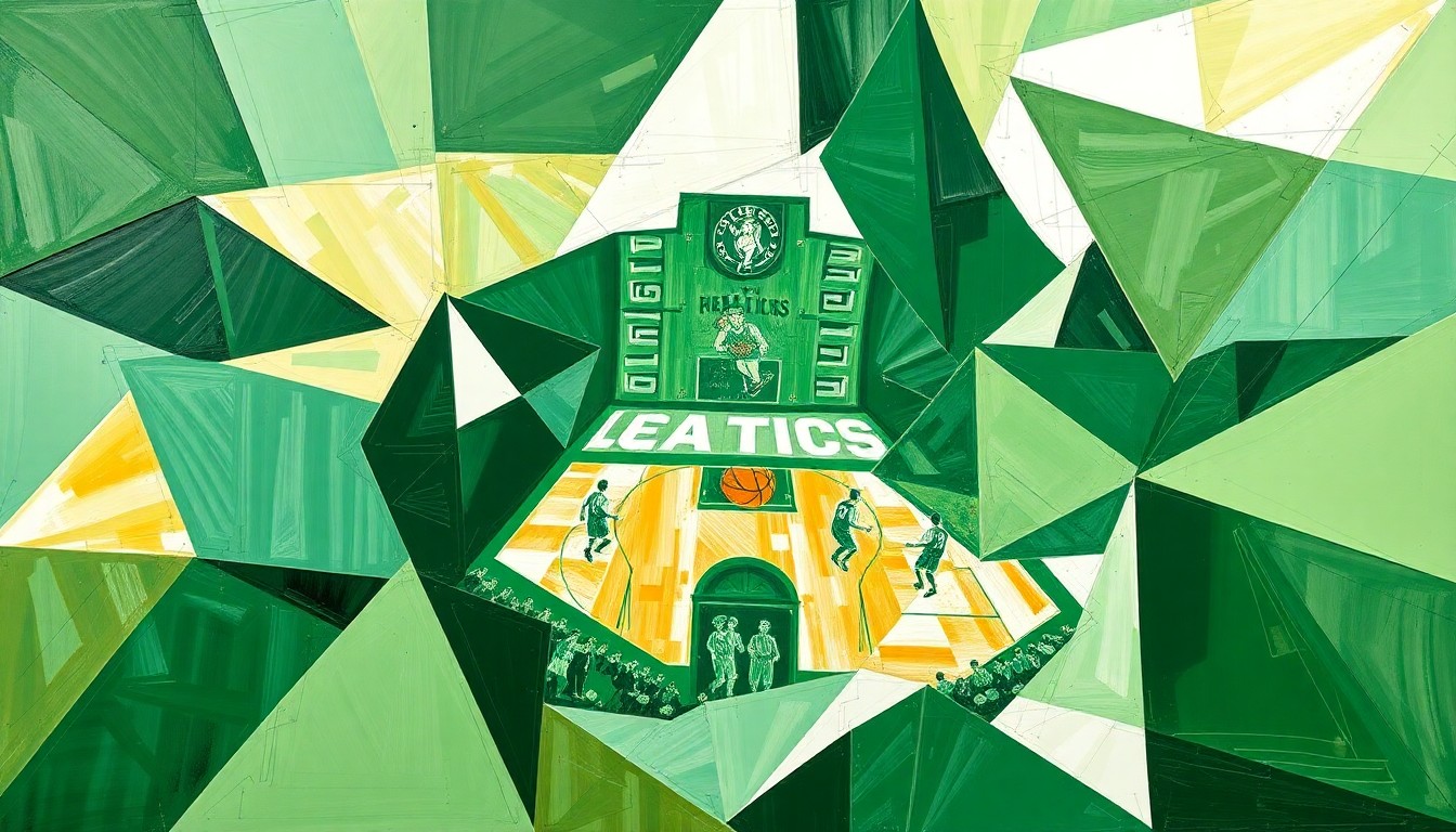 A cubist, geometric painting depicting a fragmented, multi-angled view of a basketball game, with sharp planes of green, white, and gold representing the Celtics' resilient and overachieving performance this season.