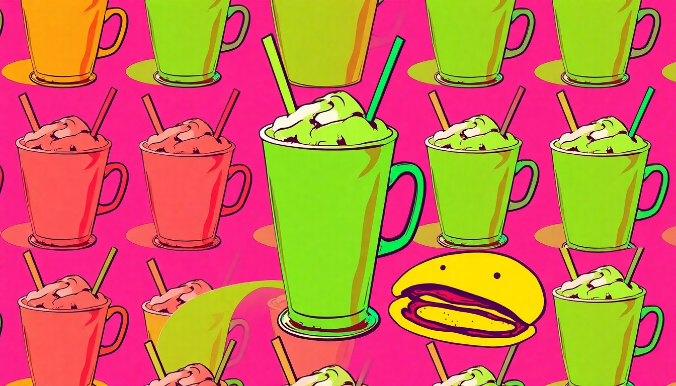 A brightly colored, high-contrast silkscreen print of a single, iconic diner object such as a coffee cup or plate of food repeated in a tight grid pattern, conceptually representing the fusion of traditional American diner fare with Japanese American flavors at the new George + Kin's restaurant in Napa.