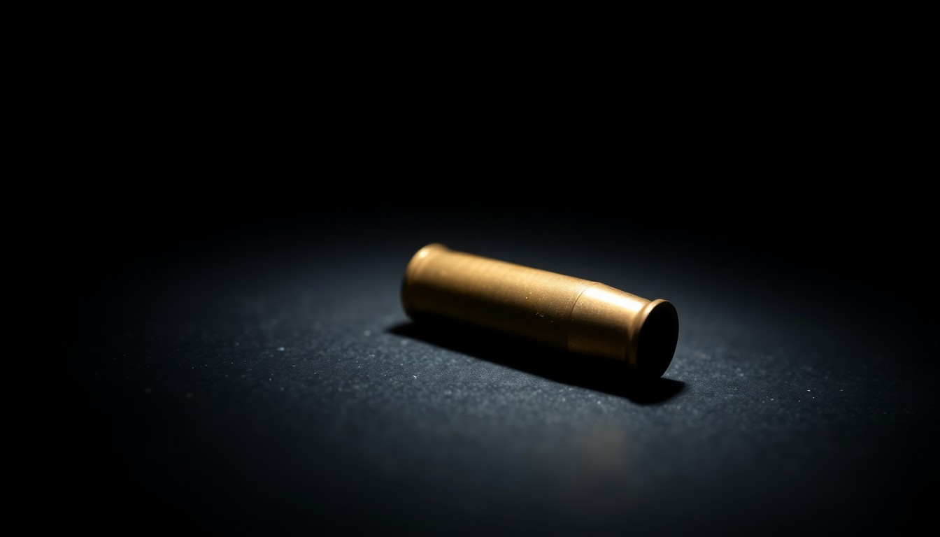 An extreme close-up photograph of a single spent shell casing on a dark surface, its metallic surface reflecting the harsh light of the camera's flash, conceptually representing the aftermath of a violent crime.