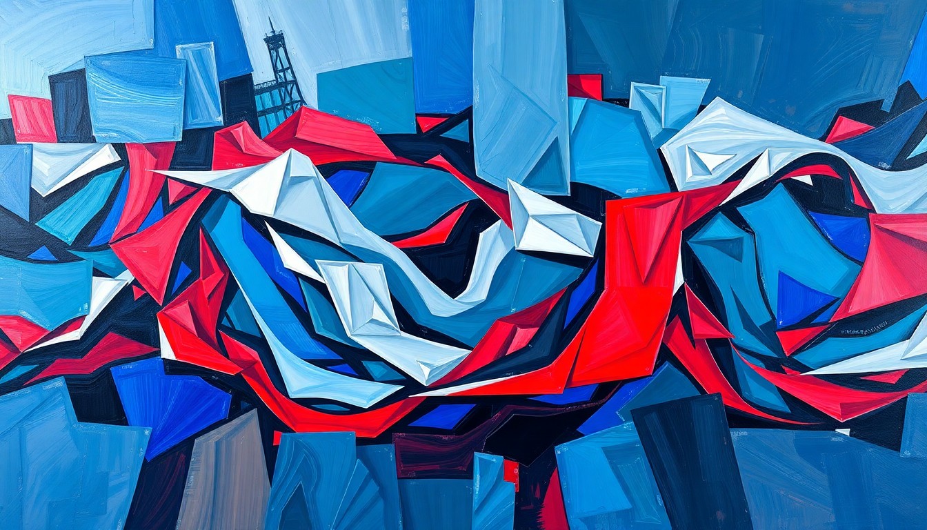 An abstract, dynamic painting featuring overlapping, fractured geometric shapes in shades of blue, red, and gray, conveying the motion and energy of a political debate over a proposed municipal rate hike freeze.