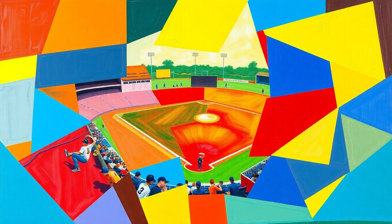 A cubist-style painting depicting a high school baseball game broken down into overlapping geometric shapes and planes of bright blue, red, and yellow, capturing the dynamic energy and movement of the sport.