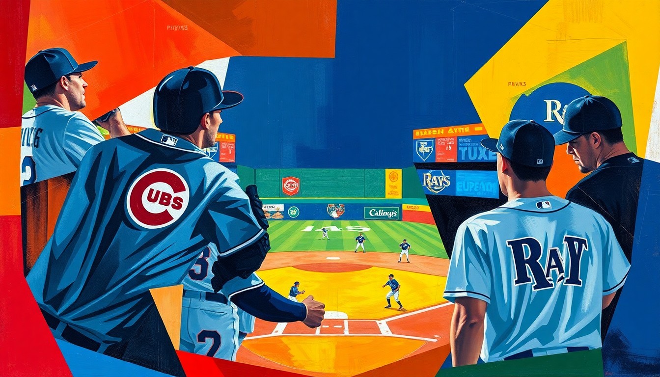 A cubist-style painting featuring overlapping geometric shapes in the colors of the Cubs and Rays uniforms, abstracting the players and action of the baseball game into a dynamic, fragmented composition.