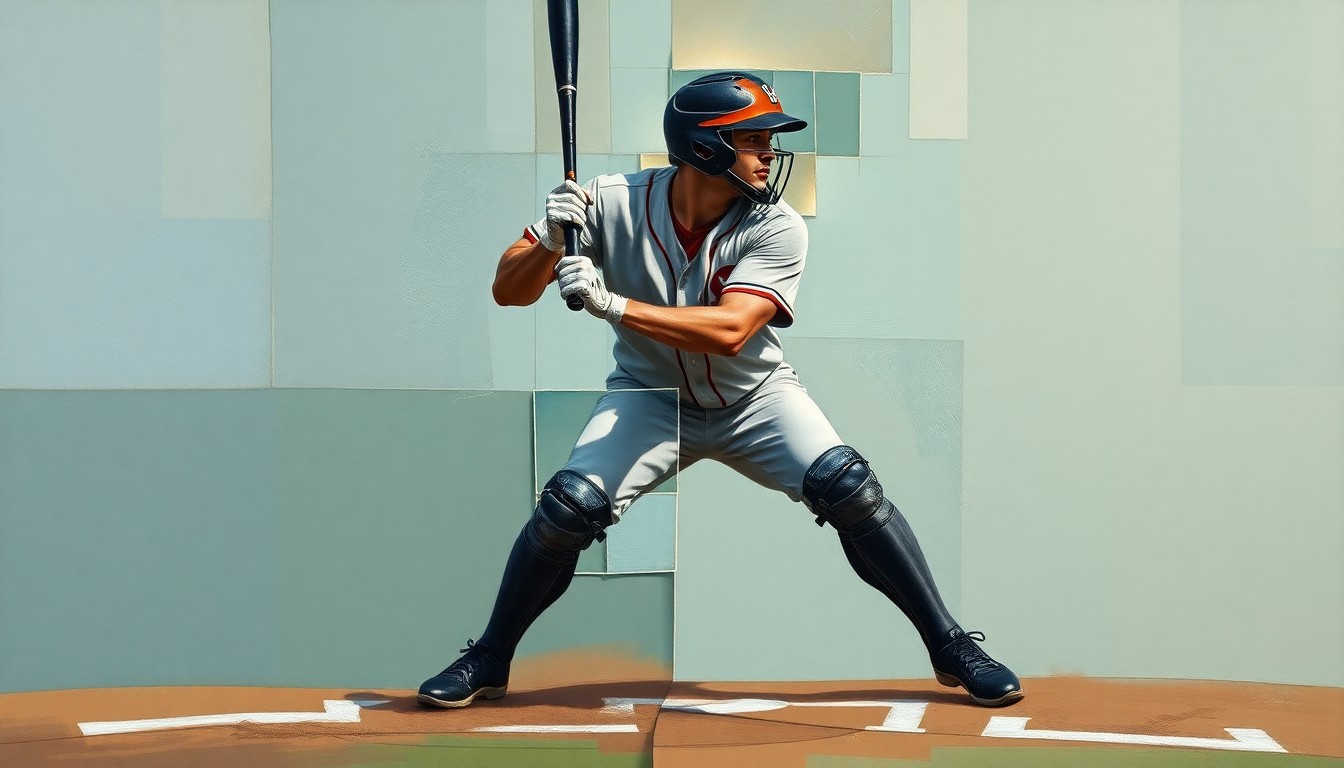 A fragmented, geometric painting depicting a baseball catcher in mid-crouch, the scene broken down into overlapping planes of muted colors, conceptually representing an injury to the player.