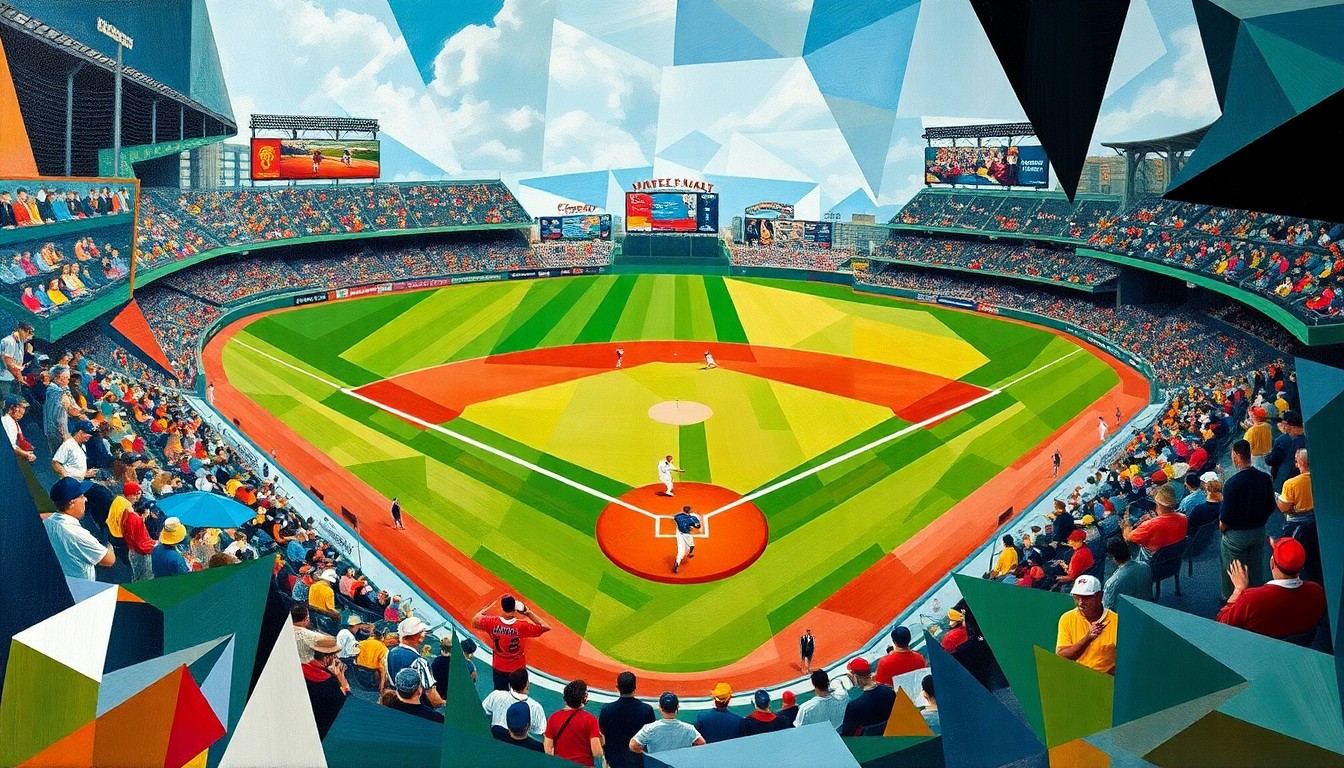 A fragmented, geometric painting depicting a baseball game, with players and the field broken down into sharp, angular shapes in a vibrant color palette, conveying the dynamism and excitement of the Reds' late-inning rally.