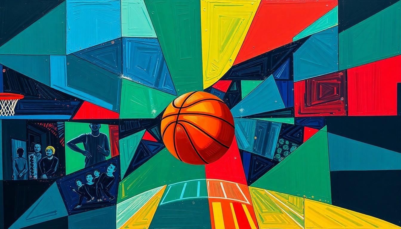 A cubist, geometric painting depicting a basketball game in motion, with sharp, overlapping shapes and planes in a bold color palette, conveying the energy and dynamism of the Bulls' dominant performance.