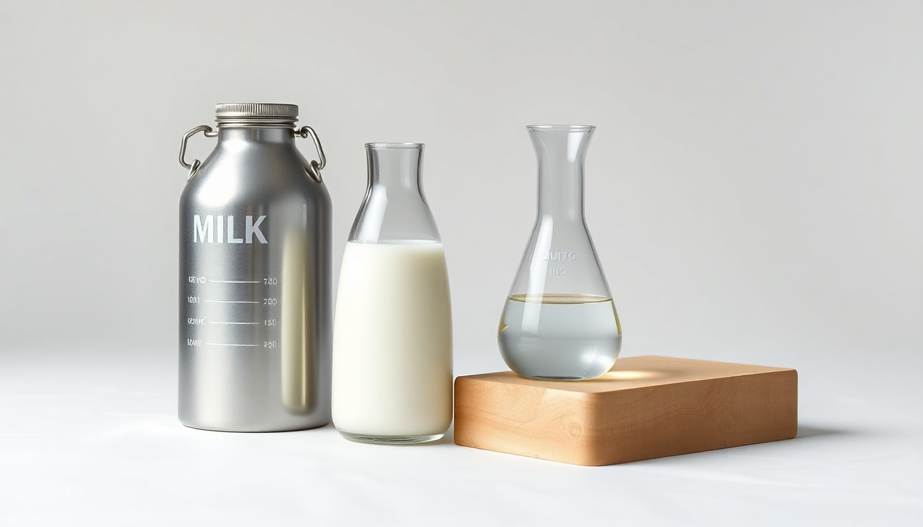 A photorealistic studio still life featuring a polished metal milk canister, a glass beaker filled with a clear liquid, and a smooth wooden block, symbolizing the scientific and technological advancements in sustainable dairy farming.