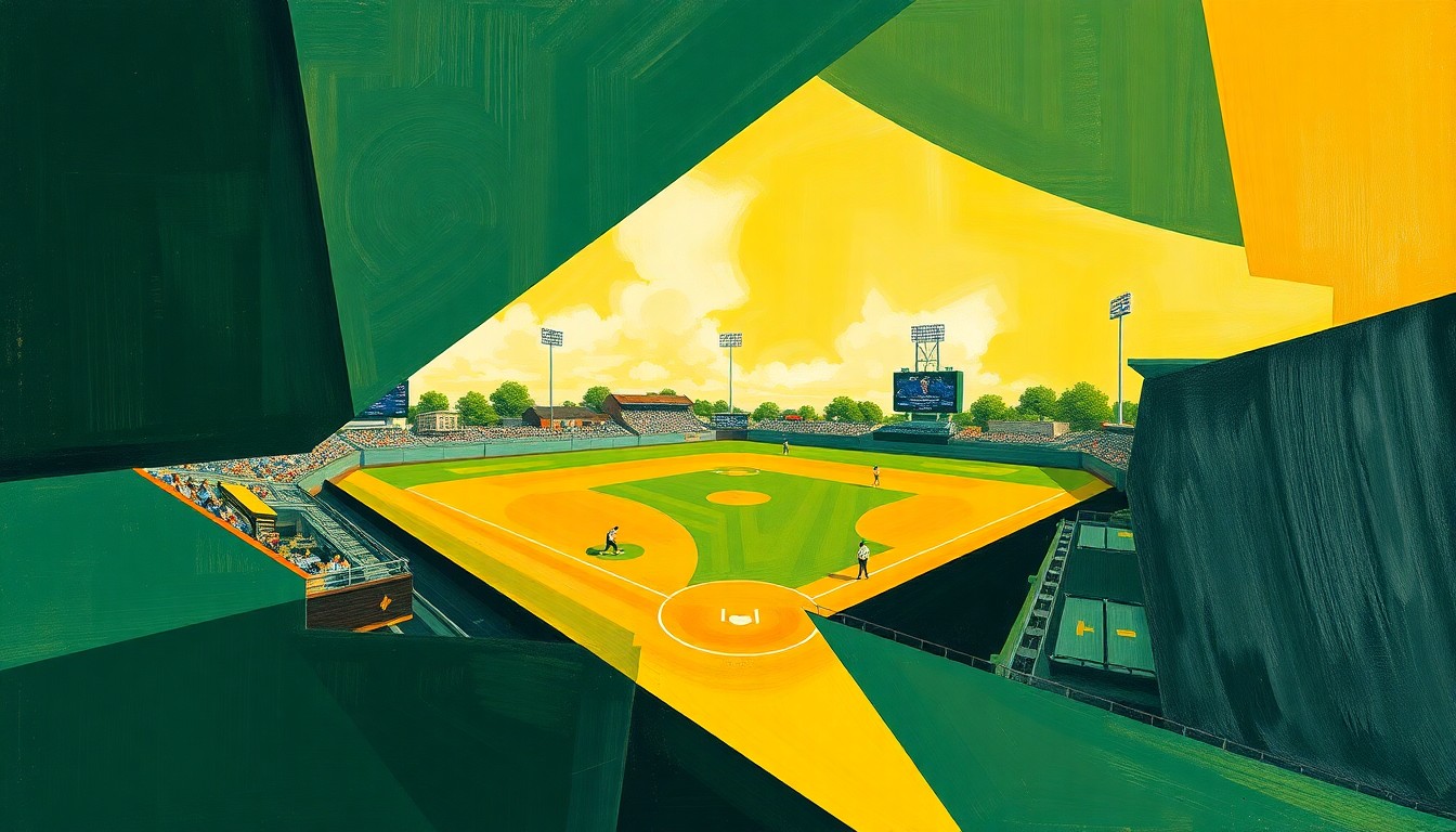A fragmented, geometric painting in shades of green, blue, and yellow, depicting the chaotic motion and overlapping perspectives of a college softball game.