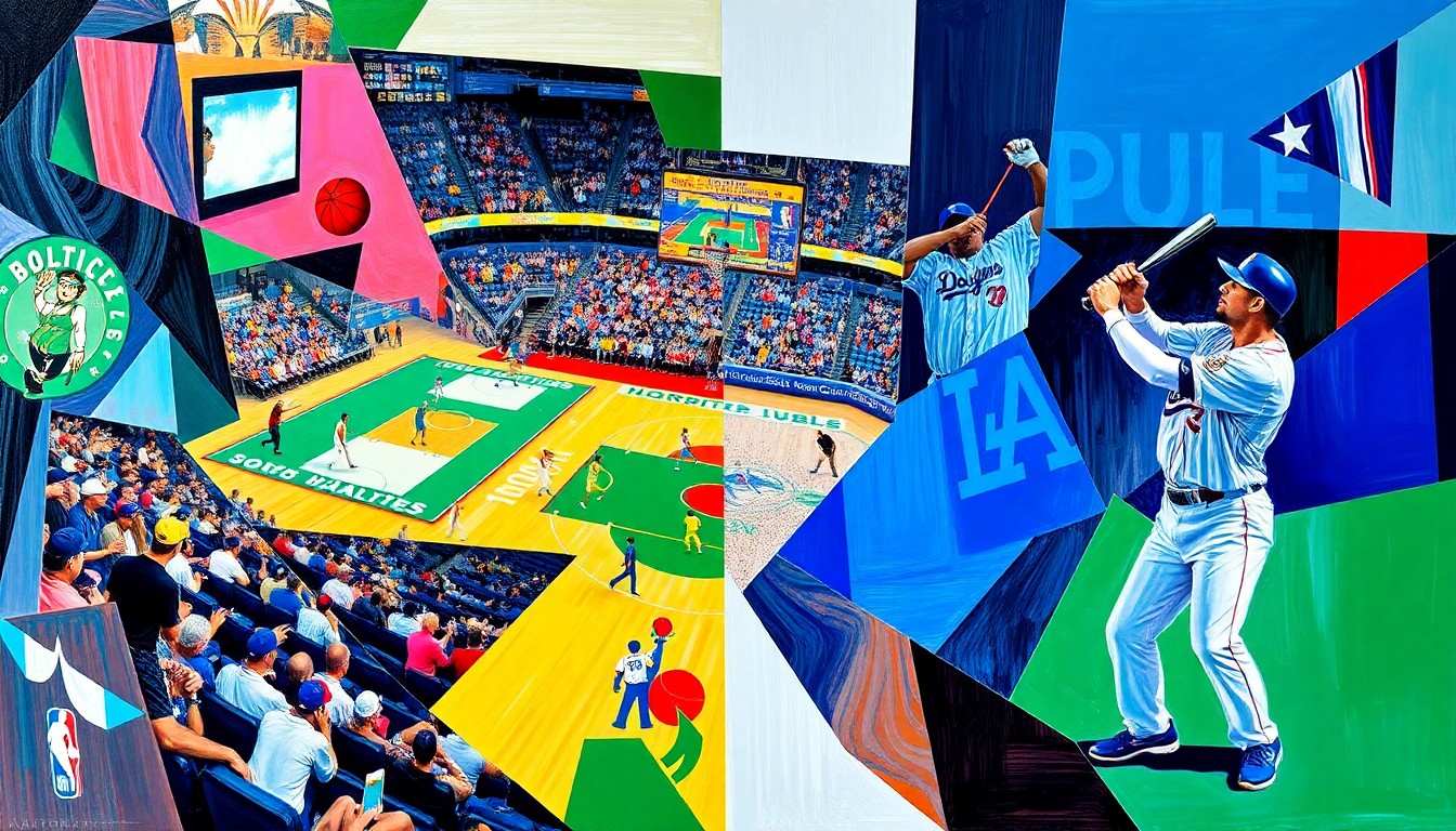 A fragmented, geometric painting depicting overlapping scenes of a basketball game, baseball game, and golf tournament, using the vibrant team colors of the Boston Celtics, Charlotte Hornets, Los Angeles Dodgers, and Toronto Blue Jays to conceptually represent the variety of sporting events.