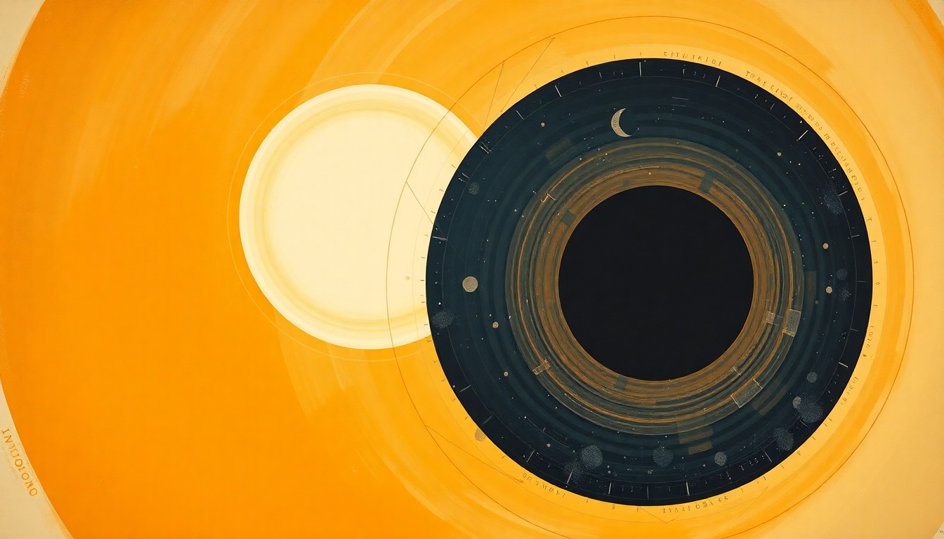 A highly textured, abstract painting in earthy tones depicting the Artemis II spacecraft's trajectory around the Moon, with concentric circles, sweeping arcs, and precise botanical spirals representing the rare solar eclipse observed by the astronauts.