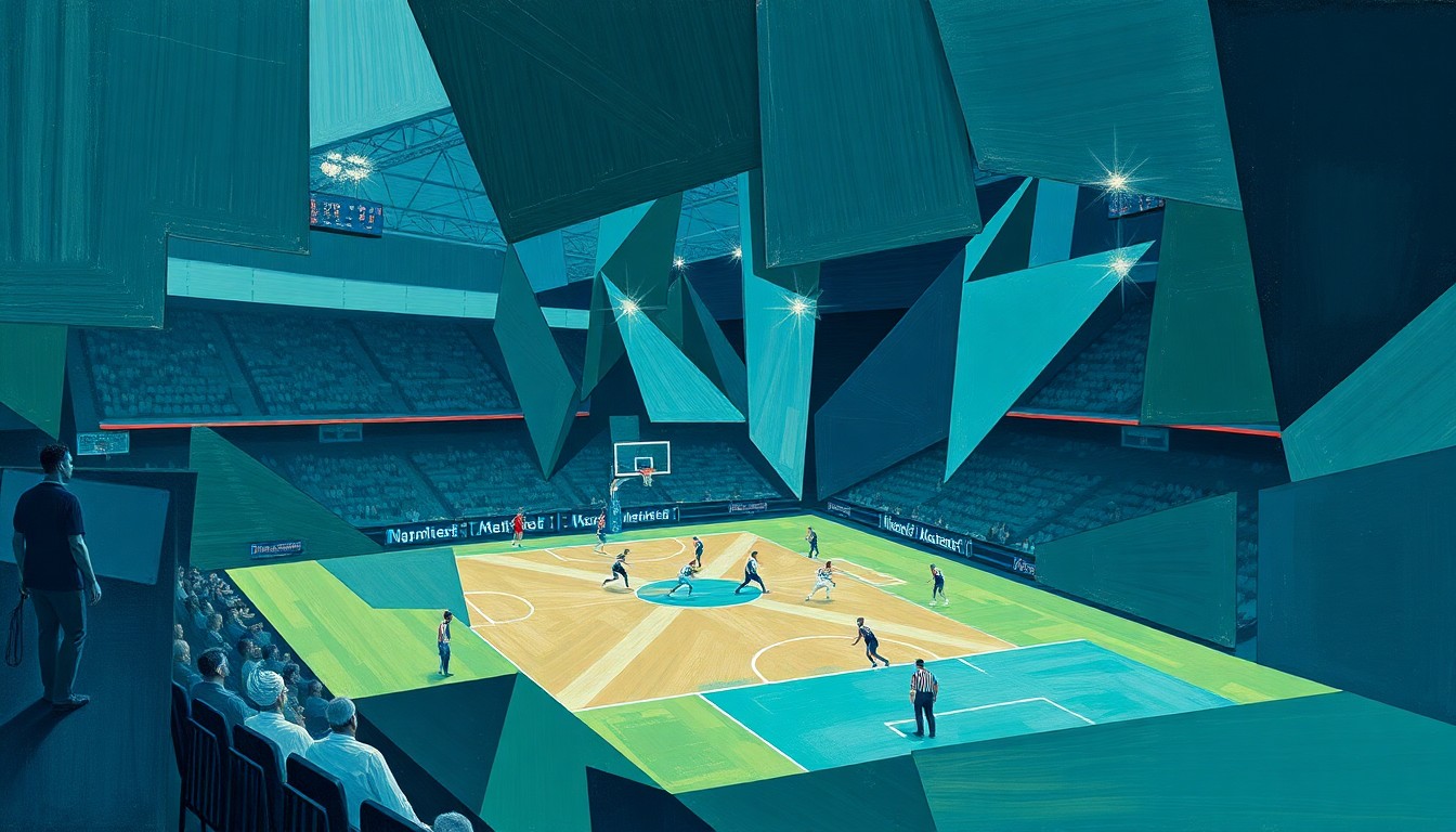 A cubist-style painting depicting a fragmented, geometric interpretation of a sports game, with sharp planes of color and overlapping perspectives conveying the disjointed nature of sports viewing when focused on gambling rather than the competition.