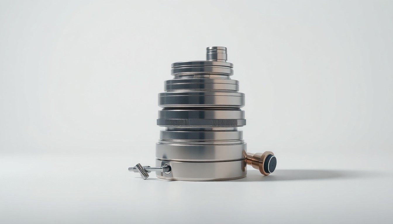 A photorealistic studio still life of polished stainless steel and glass medical device components arranged elegantly on a clean, monochromatic background, conceptually representing the complex financial and legal considerations behind a major corporate merger.