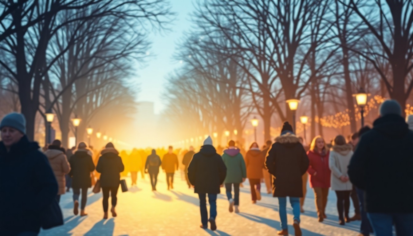 An abstract, impressionistic scene of people walking together in a public park, with soft, blurred shapes and vibrant splashes of color conveying the communal energy of the Winter Walk event.