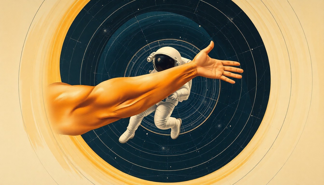 A bold, abstract painting in the style of Hilma af Klint, featuring sweeping geometric arcs, concentric circles, and precise physical spirals in earthy tones, conceptually representing the powerful musculature and cosmic energy of an astronaut's arm in space.