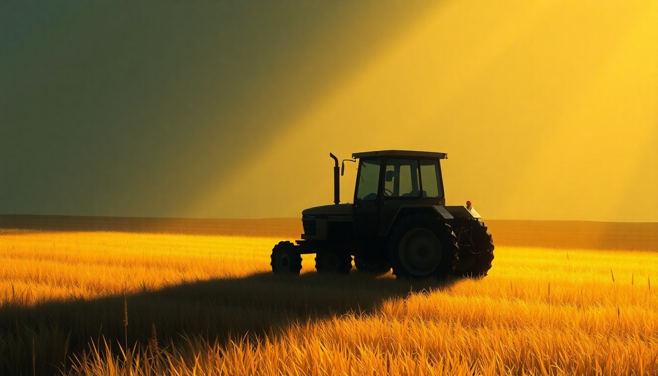 A serene, photorealistic painting of a solitary tractor in a field, with warm, golden sunlight casting long shadows across the scene, conveying a sense of quiet contemplation and the challenges facing the local agricultural community.
