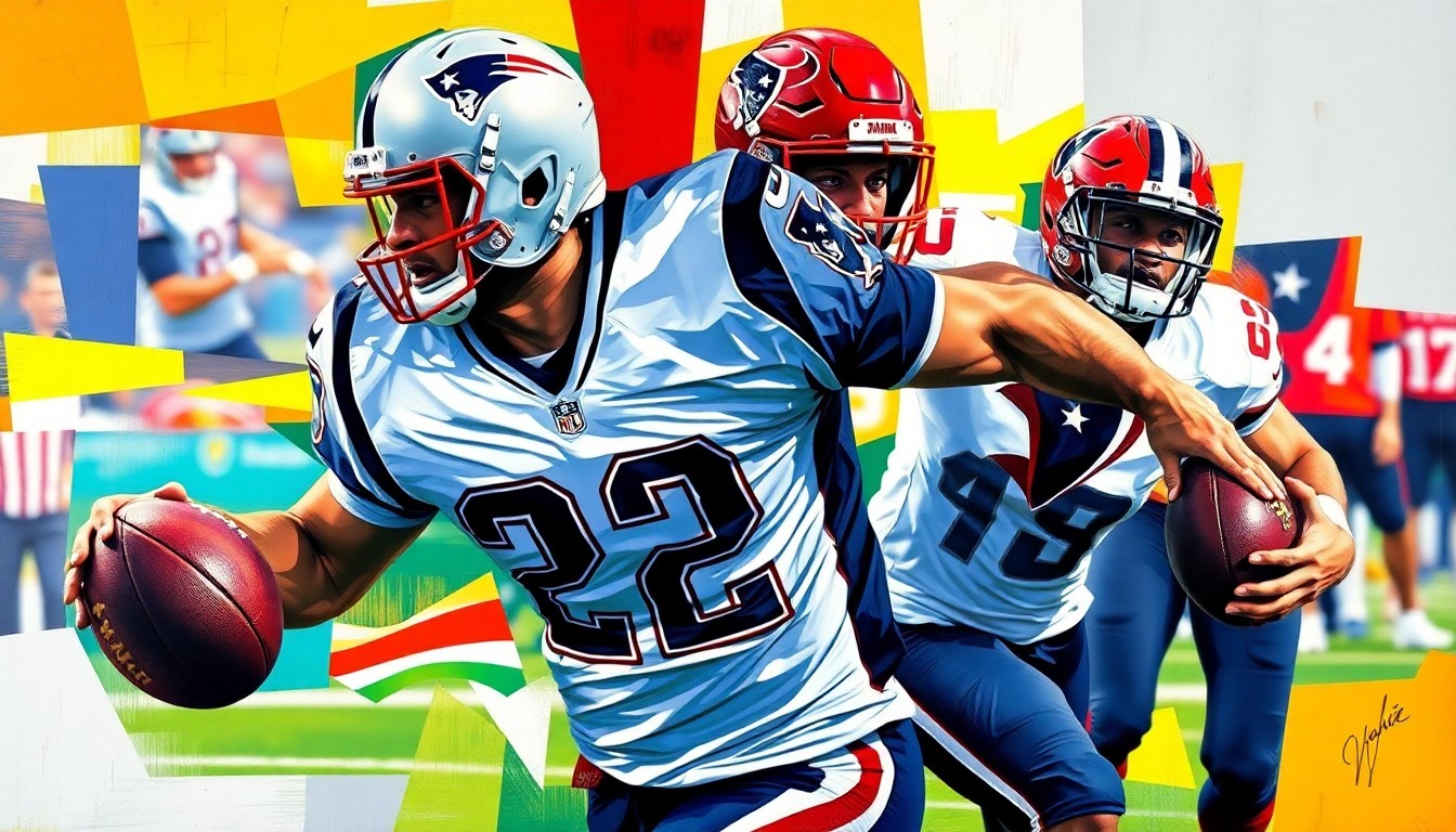 A fragmented, geometric painting depicting a football player in motion, with sharp planes of color representing the uniforms of the New England Patriots and Houston Texans. The abstract style captures the dynamic energy of the sport.