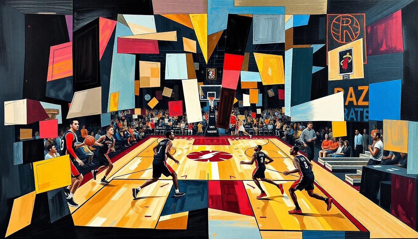 A fractured, multi-perspective painting in a cubist style, breaking down a basketball game between the Toronto Raptors and Miami Heat into sharp, overlapping geometric planes, capturing the players' movements and the court's energy in an abstract, deconstructed composition.