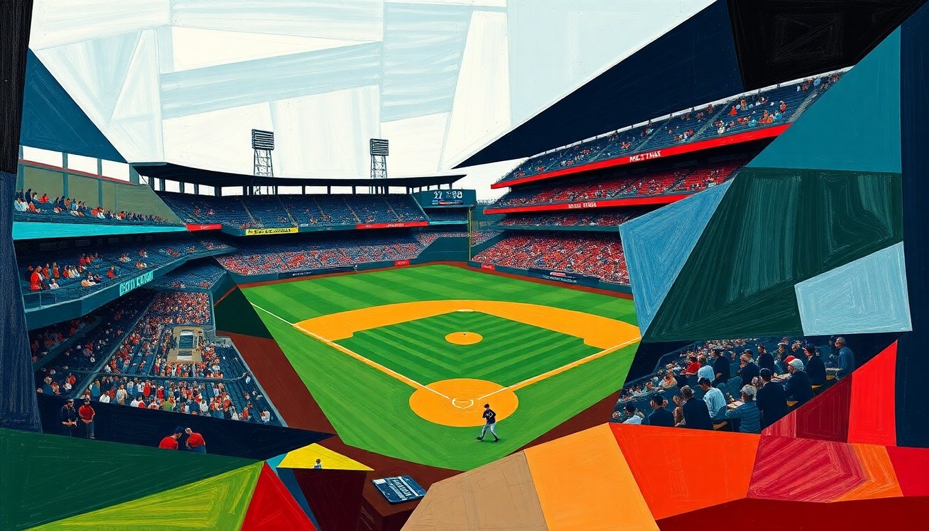 A cubist-style painting featuring overlapping geometric shapes and planes in deep navy, forest green, and crimson red, conceptually representing the dynamics and energy of a baseball game.